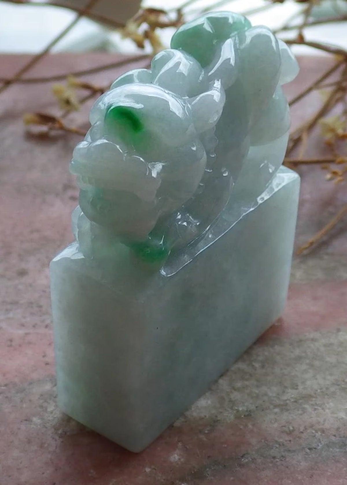 Green Natural Burma Jade Dragon Pi Xiu Chop Seal Display R316093