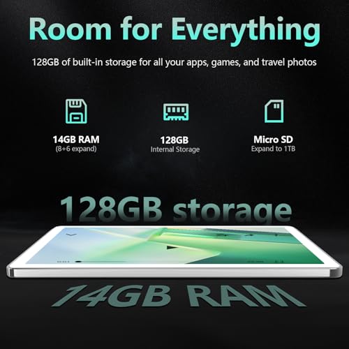 Android 14 Tablet 10 Inch, 4G Cellular, Octa-Core, 128GB Storage + 14(8+6)GB RAM, 1TB Expandable, 5G WiFi, 8000mAh Battery, Bluetooth 5.0, 13MP+8MP Camera, with Keyboard/Case, Silver Y132