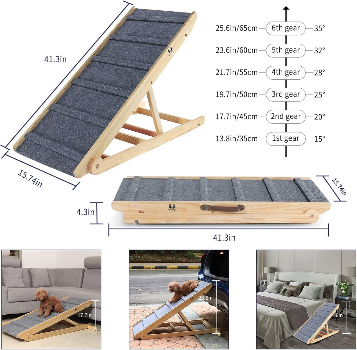 Folding Wooden Dog Ramp, 42" Long, Adjustable 14" to 26", 200lbs C34430