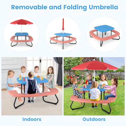 Kids Picnic Table with Umbrella and 4 Built-in Benches S5719