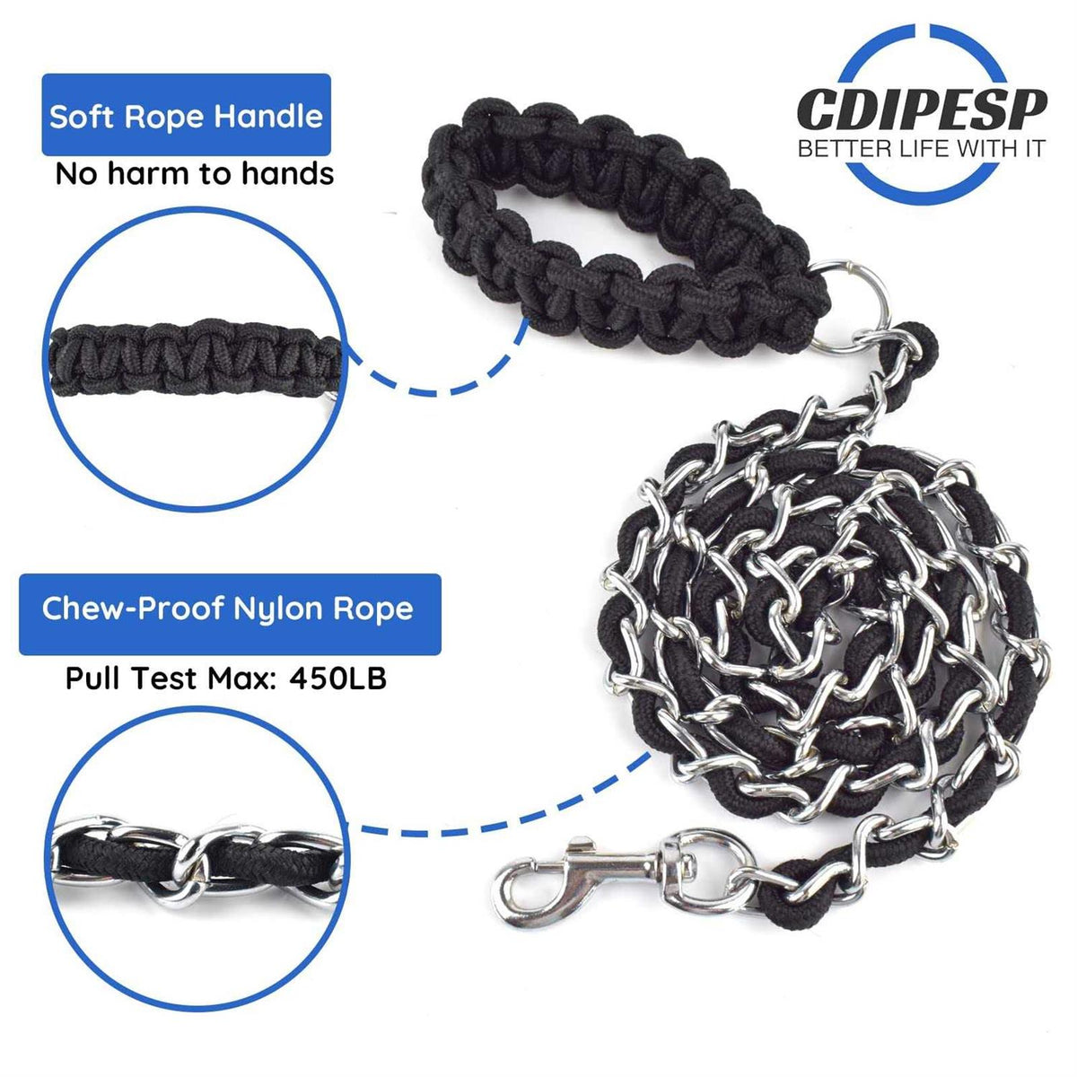 Chew Proof 5.5ft Heavy Duty Dog Leash Metal Chain Lead with Soft Rope Handle X65070