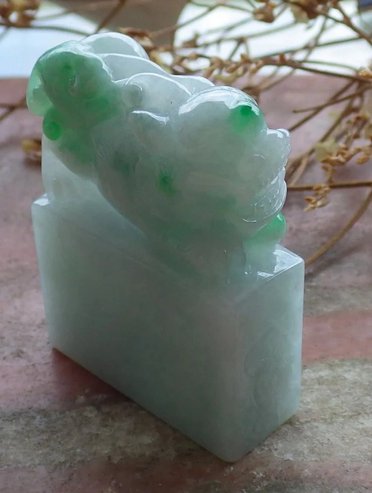 Green Natural Burma Jade Dragon Pi Xiu Chop Seal Display R316093