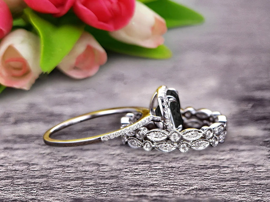 3.05 Carat Cushion Cut Black Diamond Moissanite Bridal Set Engagement Ring 10k White Gold Full Eternity Art Deco N382