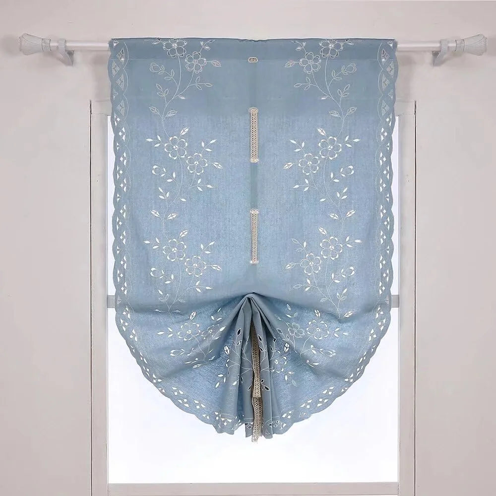 Blue Cotton Crochet Embroidered Roman Shade Curtains 32"x55" T145847