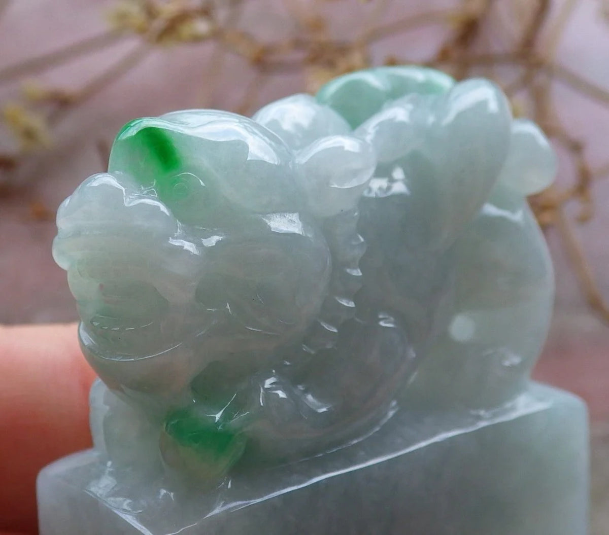 Green Natural Burma Jade Dragon Pi Xiu Chop Seal Display R316093