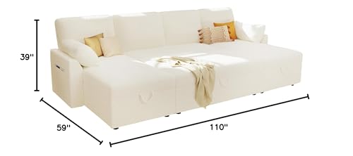 White Sherpa Sofa Bed with Storage Chaise H38541