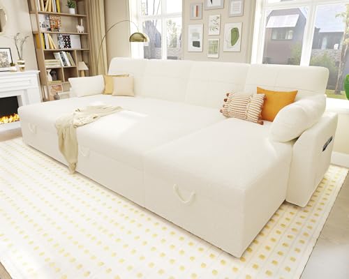 White Sherpa Sofa Bed with Storage Chaise H38541