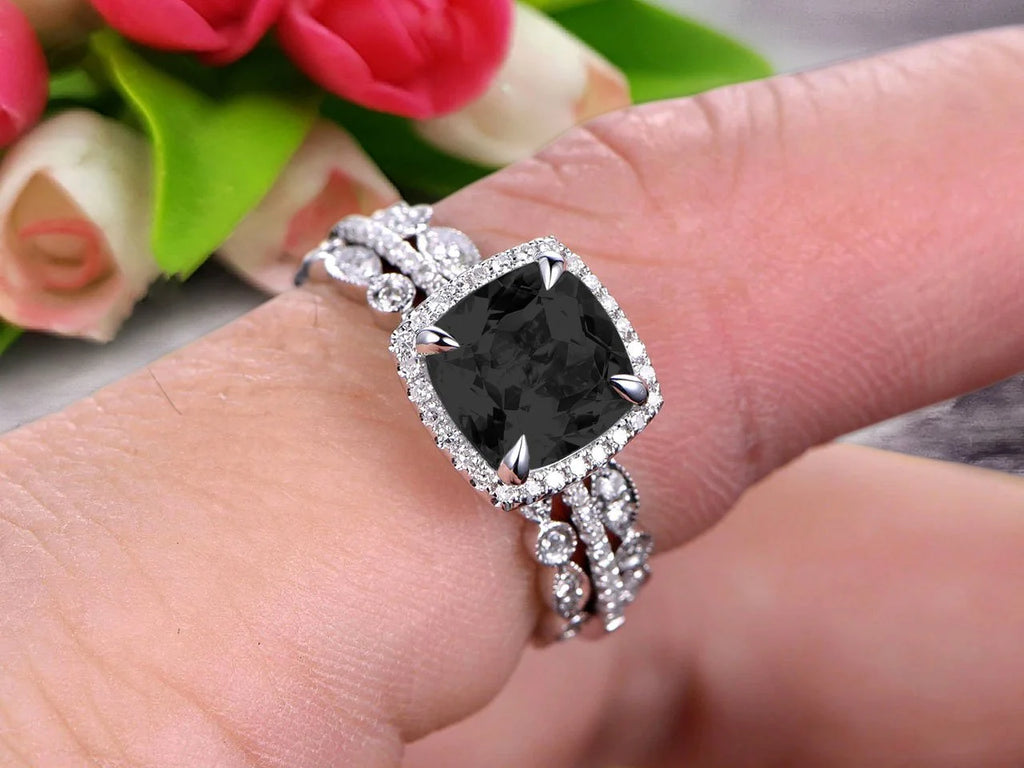 3.05 Carat Cushion Cut Black Diamond Moissanite Bridal Set Engagement Ring 10k White Gold Full Eternity Art Deco N382