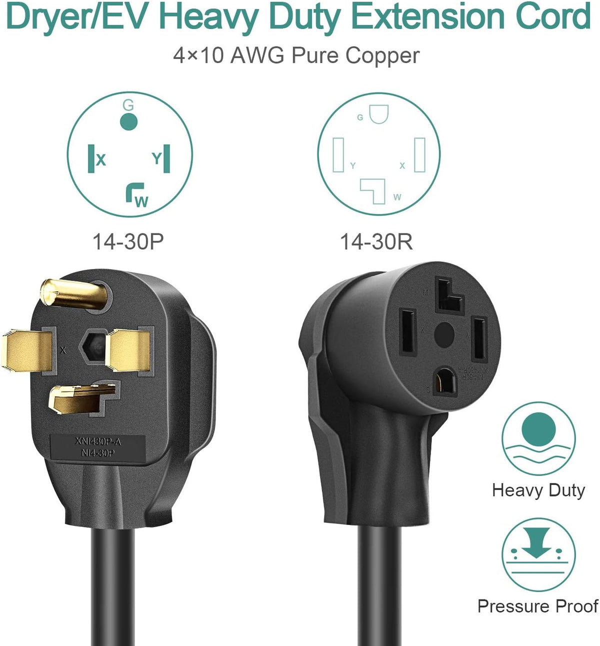 Dryer Extension Cord 4 Prong, 30 Amp, NEMA 14-30P to 14-30R, 125V/250V, 25 Feet T256